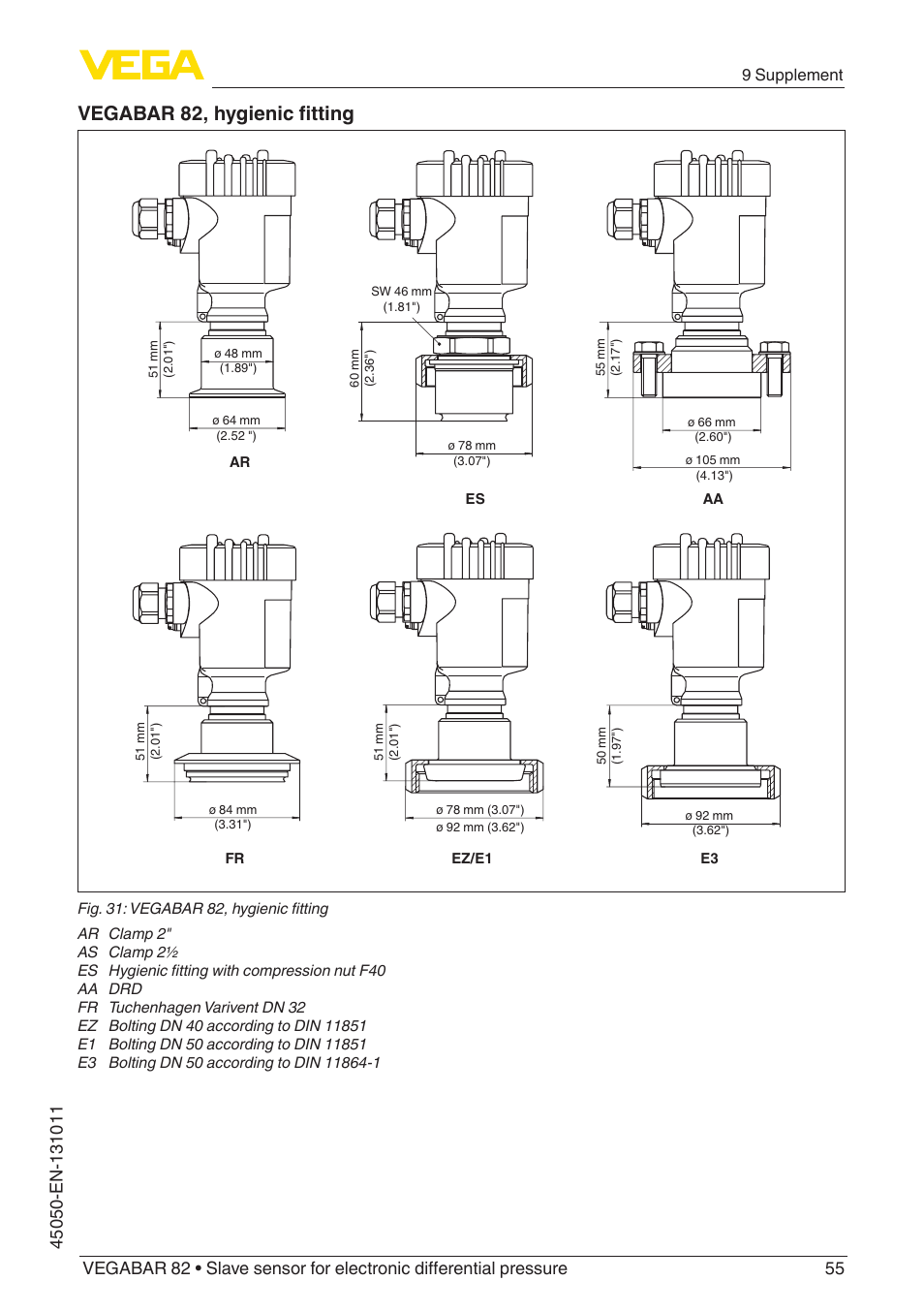 Vegabar 82, hygienic fitting, 9 supplement | VEGA VEGABAR 82 Save sensor - Operating Instructions User Manual | Page 55 / 60