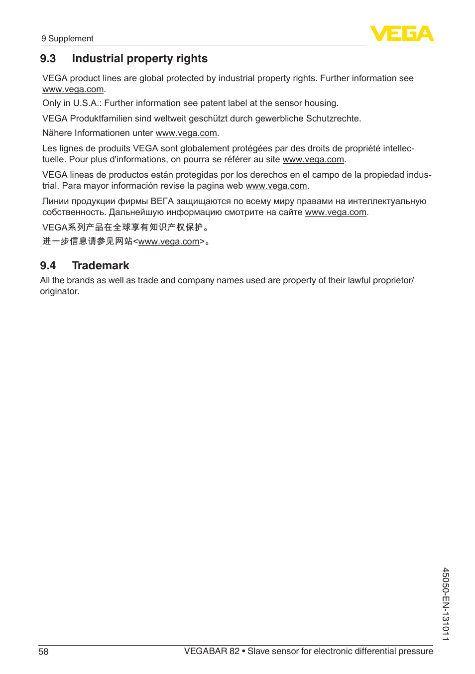 3 industrial property rights, 4 trademark | VEGA VEGABAR 82 Save sensor - Operating Instructions User Manual | Page 58 / 60