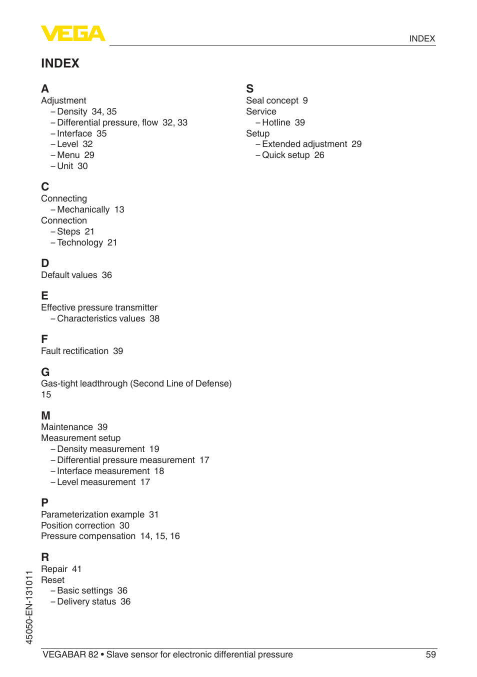 Index | VEGA VEGABAR 82 Save sensor - Operating Instructions User Manual | Page 59 / 60