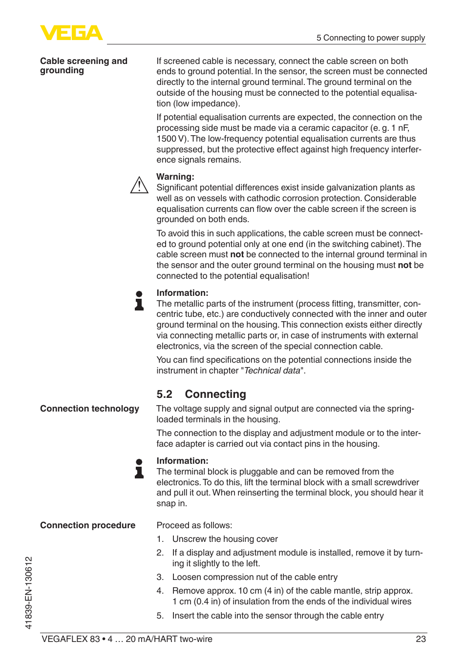 2 connecting | VEGA VEGAFLEX 83 4 … 20 mA_HART two-wire Polished version User Manual | Page 23 / 96