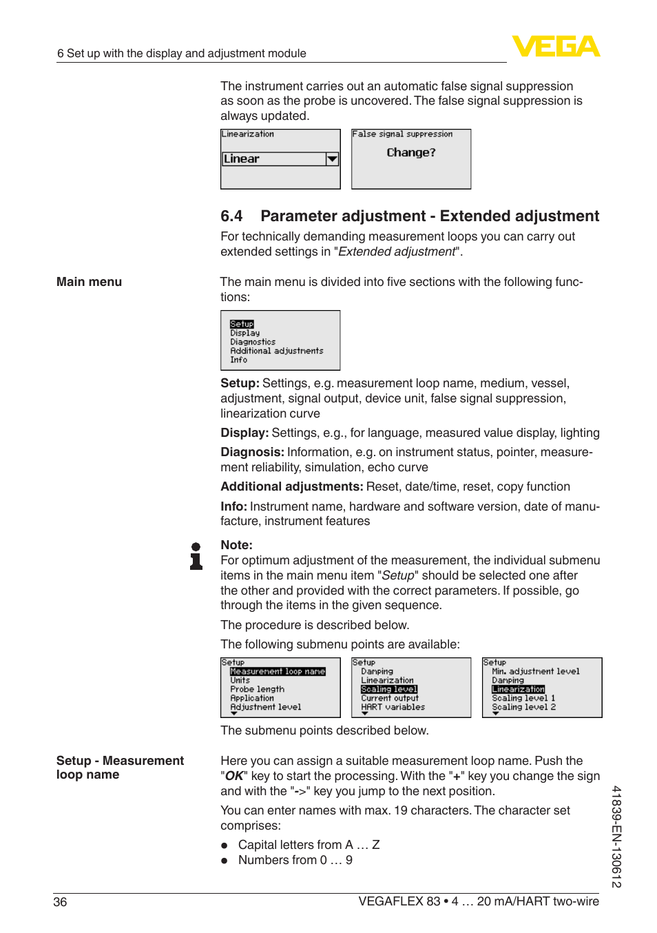 4 parameter adjustment - extended adjustment | VEGA VEGAFLEX 83 4 … 20 mA_HART two-wire Polished version User Manual | Page 36 / 96