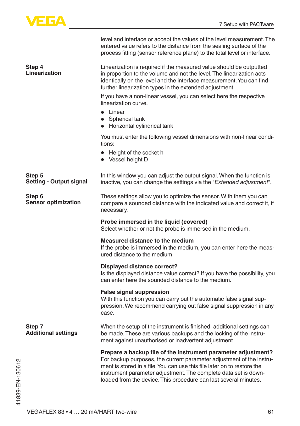 VEGA VEGAFLEX 83 4 … 20 mA_HART two-wire Polished version User Manual | Page 61 / 96