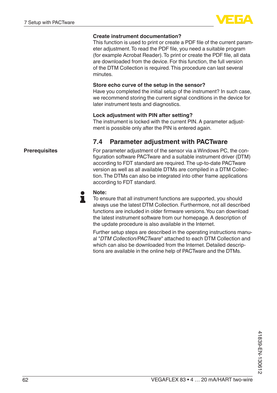 4 parameter adjustment with pactware | VEGA VEGAFLEX 83 4 … 20 mA_HART two-wire Polished version User Manual | Page 62 / 96