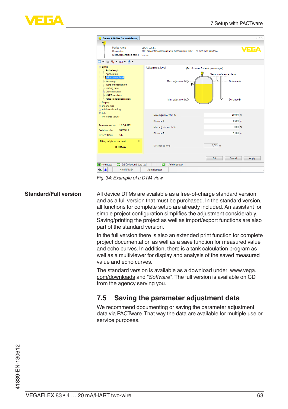 5 saving the parameter adjustment data | VEGA VEGAFLEX 83 4 … 20 mA_HART two-wire Polished version User Manual | Page 63 / 96