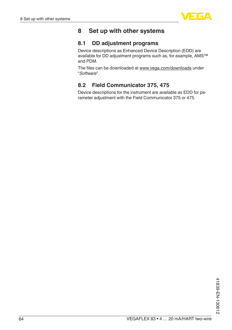 8 set up with other systems, 1 dd adjustment programs, 2 field communicator 375, 475 | VEGA VEGAFLEX 83 4 … 20 mA_HART two-wire Polished version User Manual | Page 64 / 96