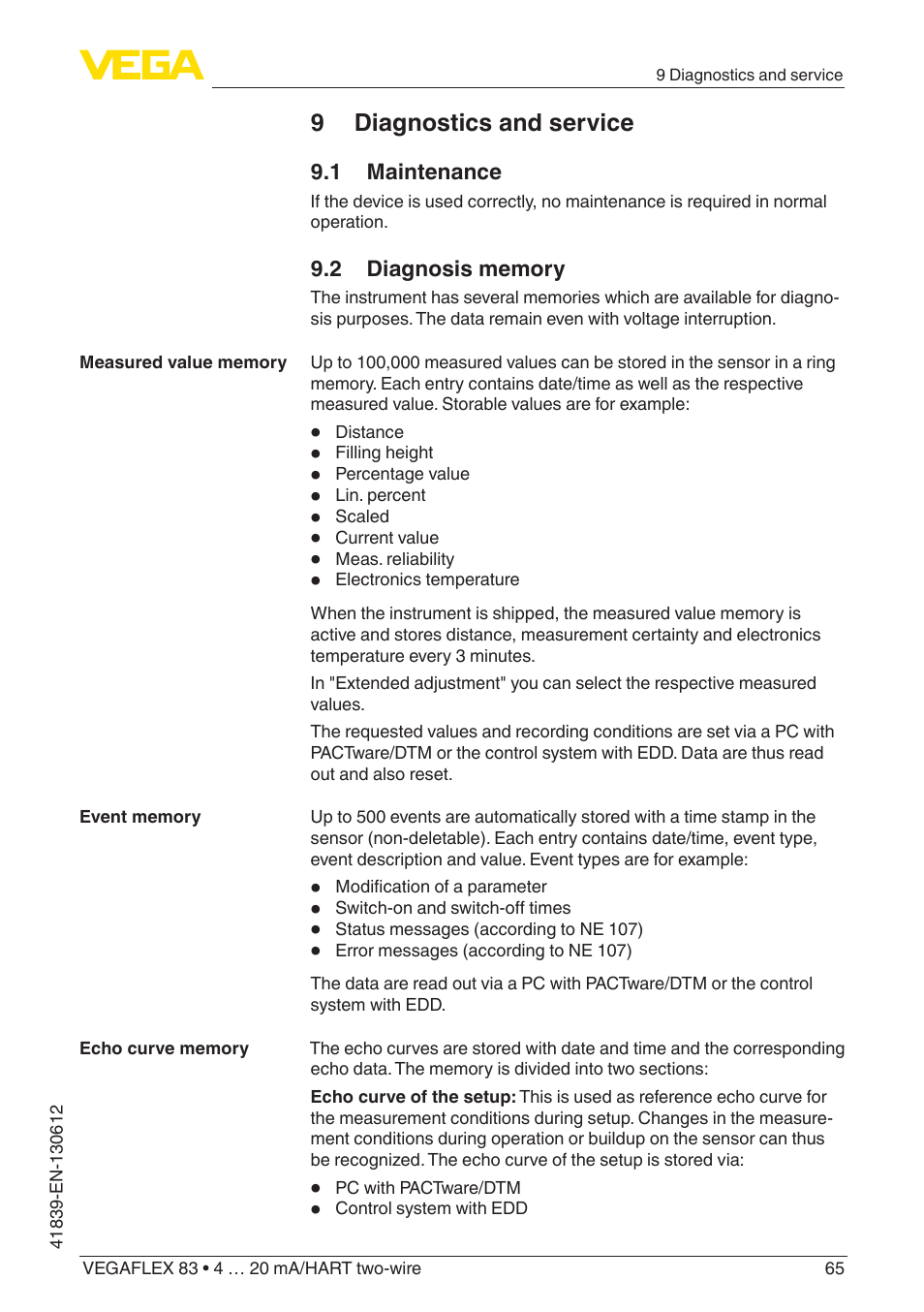 9 diagnostics and service, 1 maintenance, 2 diagnosis memory | VEGA VEGAFLEX 83 4 … 20 mA_HART two-wire Polished version User Manual | Page 65 / 96