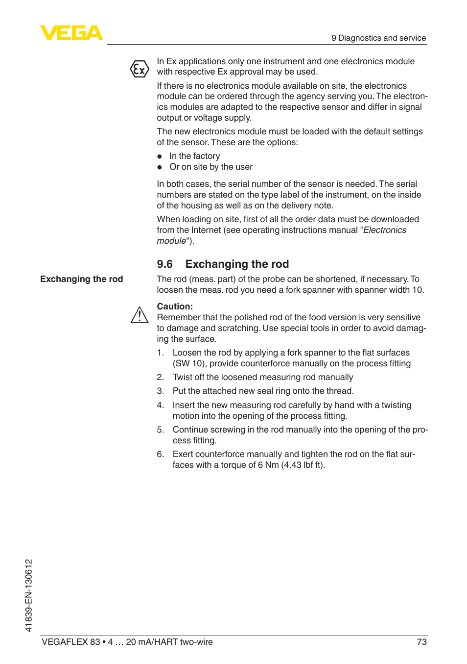 6 exchanging the rod | VEGA VEGAFLEX 83 4 … 20 mA_HART two-wire Polished version User Manual | Page 73 / 96