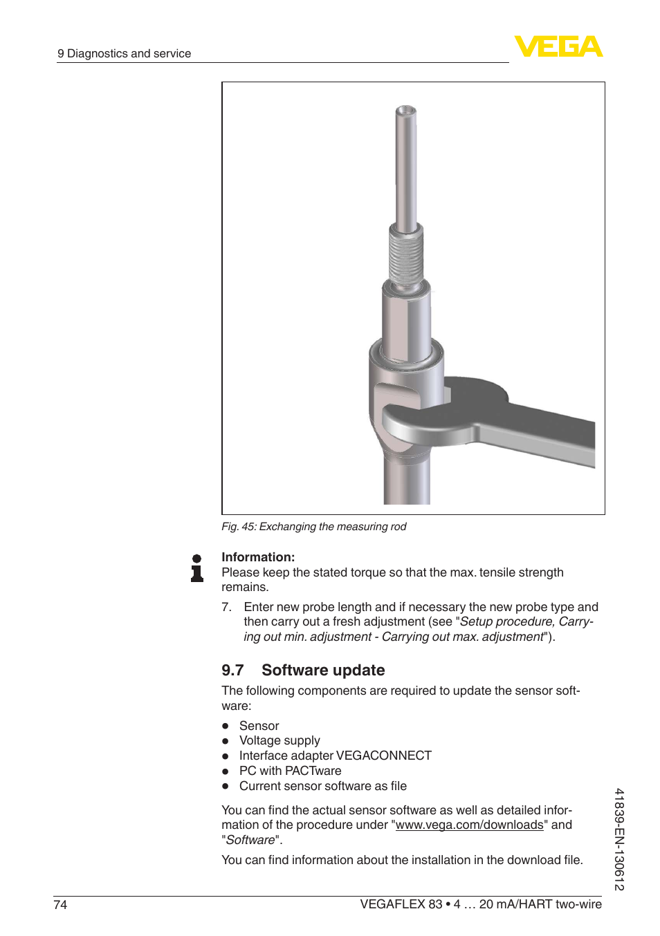 7 software update | VEGA VEGAFLEX 83 4 … 20 mA_HART two-wire Polished version User Manual | Page 74 / 96