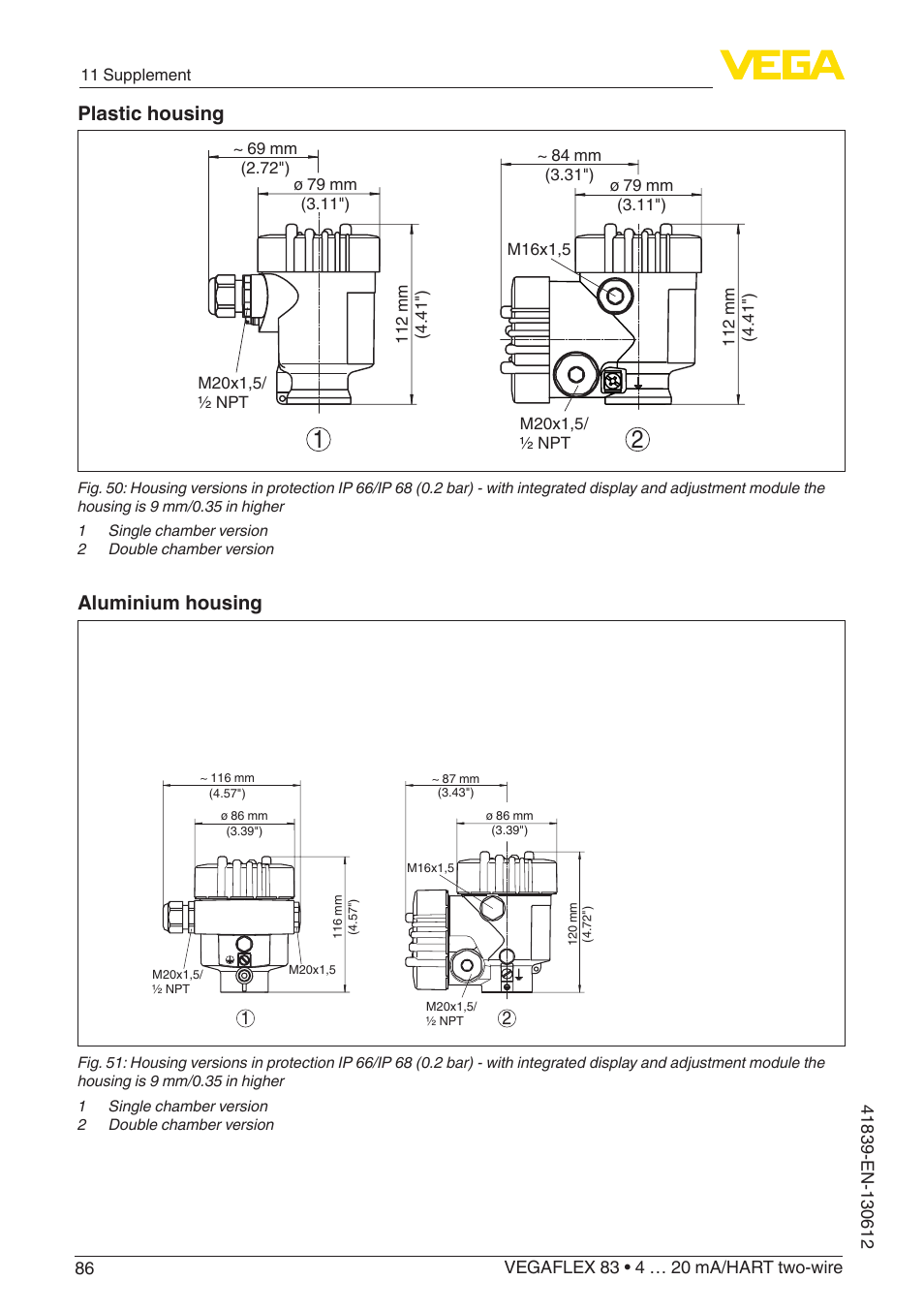 Plastic housing, Aluminium housing | VEGA VEGAFLEX 83 4 … 20 mA_HART two-wire Polished version User Manual | Page 86 / 96