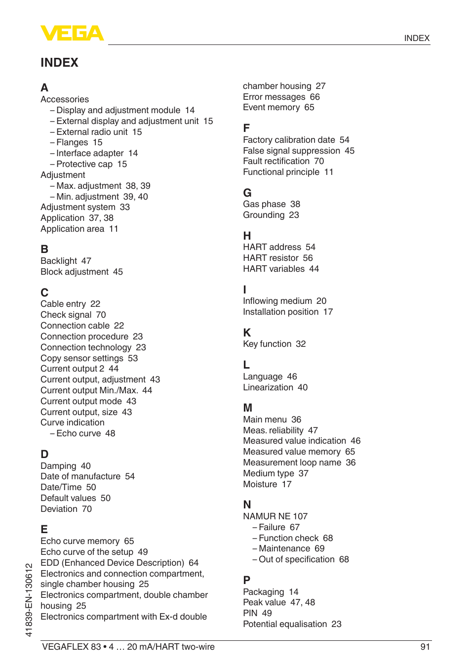 Index | VEGA VEGAFLEX 83 4 … 20 mA_HART two-wire Polished version User Manual | Page 91 / 96