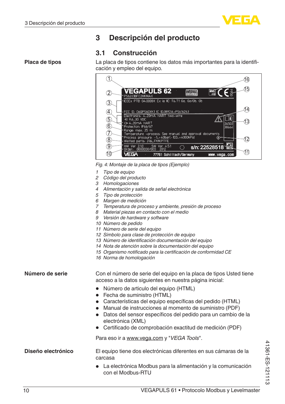 3 descripción del producto, 1 construcción | VEGA VEGAPULS 61 (≥ 2.0.0 - ≥ 4.0.0) Modbus and Levelmaster protocol User Manual | Page 10 / 92