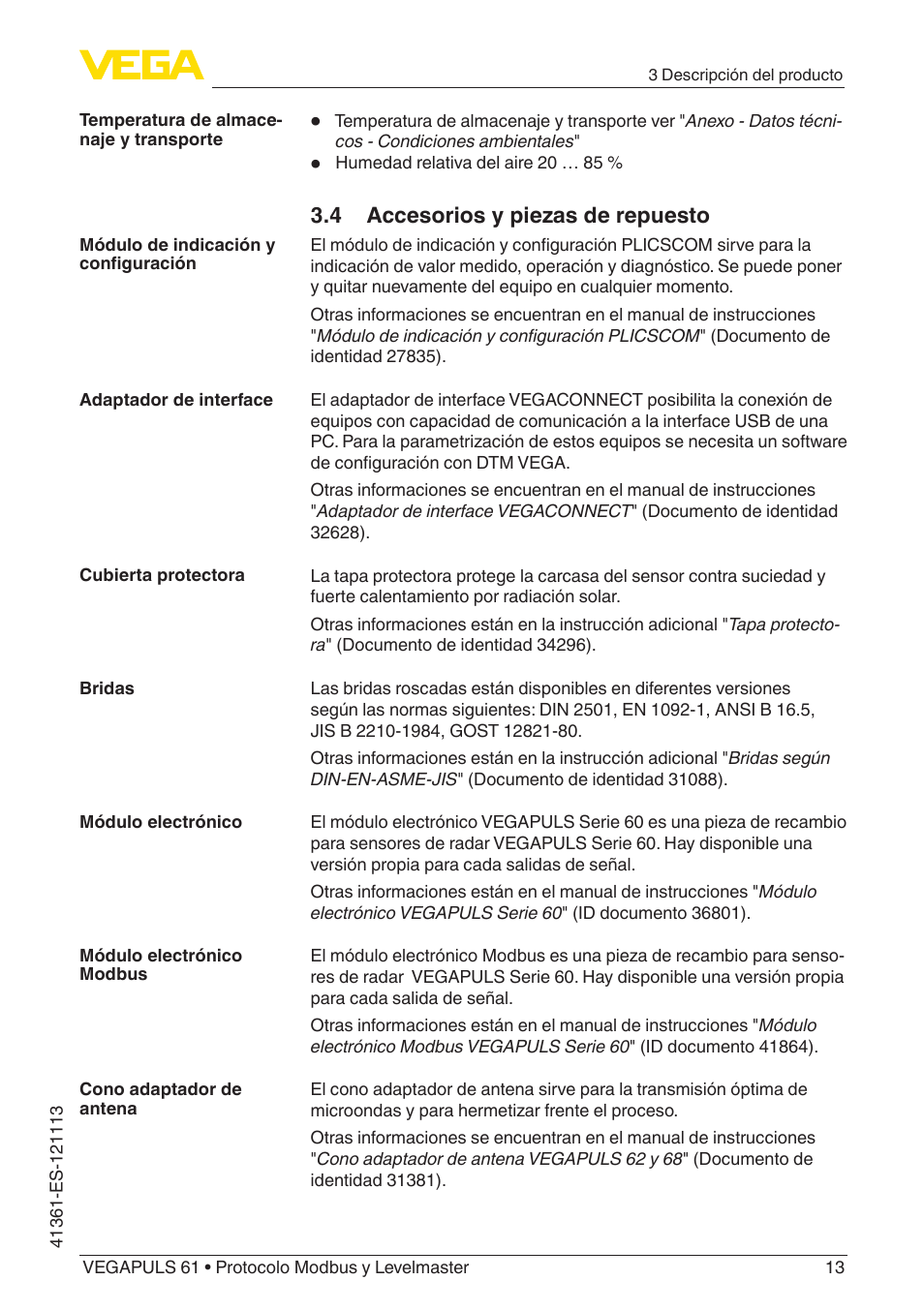 4 accesorios y piezas de repuesto | VEGA VEGAPULS 61 (≥ 2.0.0 - ≥ 4.0.0) Modbus and Levelmaster protocol User Manual | Page 13 / 92