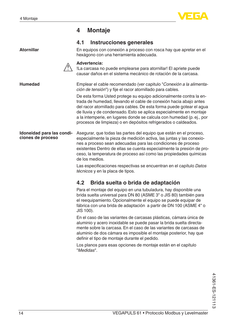 4 montaje, 1 instrucciones generales, 2 brida suelta o brida de adaptación | VEGA VEGAPULS 61 (≥ 2.0.0 - ≥ 4.0.0) Modbus and Levelmaster protocol User Manual | Page 14 / 92