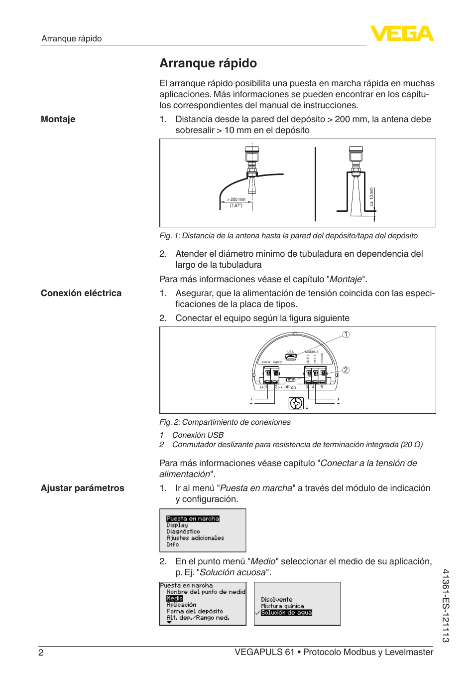 Arranque rápido | VEGA VEGAPULS 61 (≥ 2.0.0 - ≥ 4.0.0) Modbus and Levelmaster protocol User Manual | Page 2 / 92