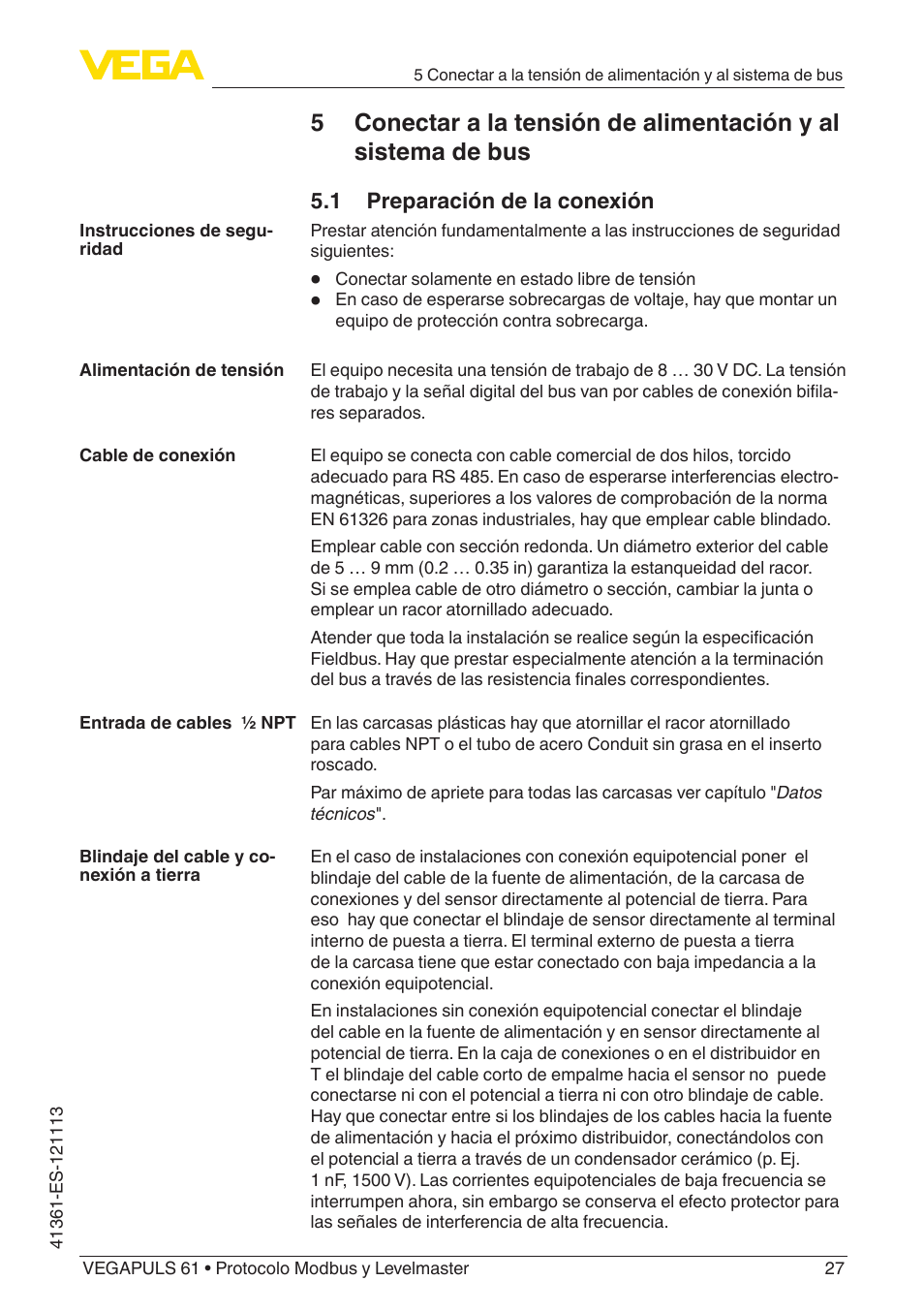 VEGA VEGAPULS 61 (≥ 2.0.0 - ≥ 4.0.0) Modbus and Levelmaster protocol User Manual | Page 27 / 92