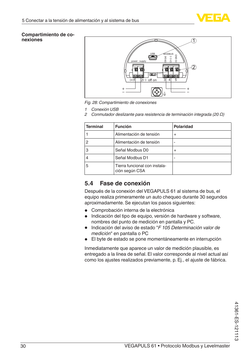 4 fase de conexión | VEGA VEGAPULS 61 (≥ 2.0.0 - ≥ 4.0.0) Modbus and Levelmaster protocol User Manual | Page 30 / 92
