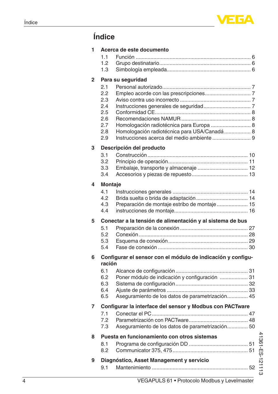 Índice | VEGA VEGAPULS 61 (≥ 2.0.0 - ≥ 4.0.0) Modbus and Levelmaster protocol User Manual | Page 4 / 92