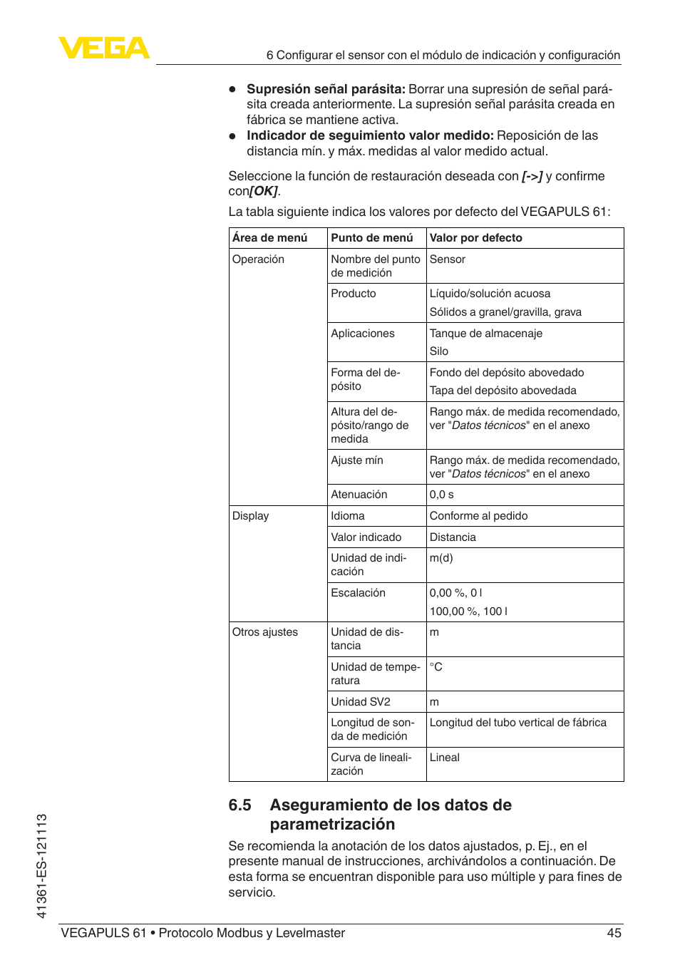 5 aseguramiento de los datos de parametrización | VEGA VEGAPULS 61 (≥ 2.0.0 - ≥ 4.0.0) Modbus and Levelmaster protocol User Manual | Page 45 / 92
