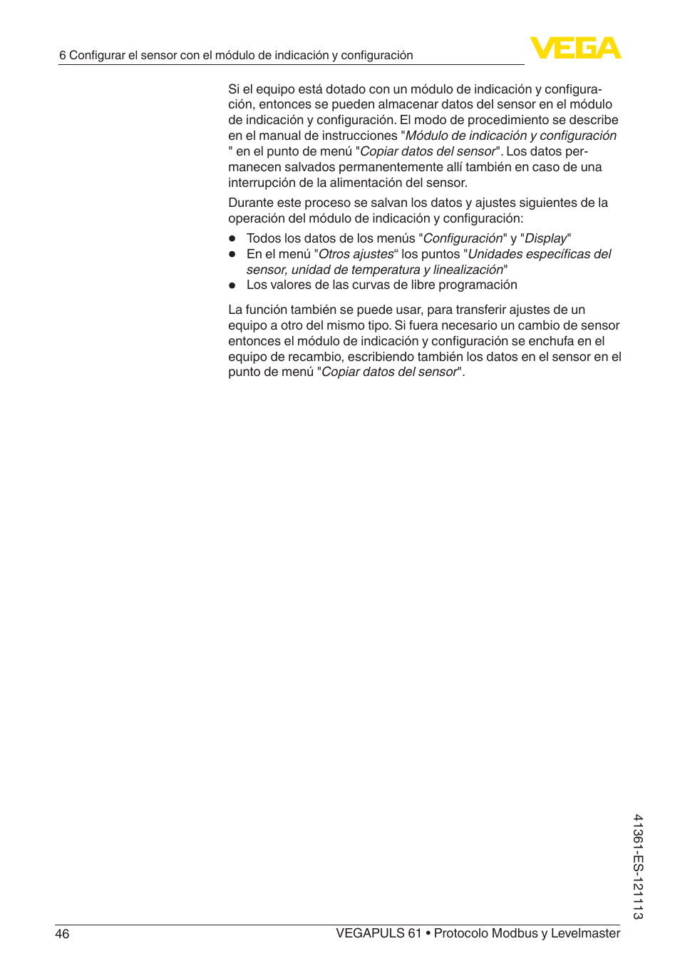 VEGA VEGAPULS 61 (≥ 2.0.0 - ≥ 4.0.0) Modbus and Levelmaster protocol User Manual | Page 46 / 92