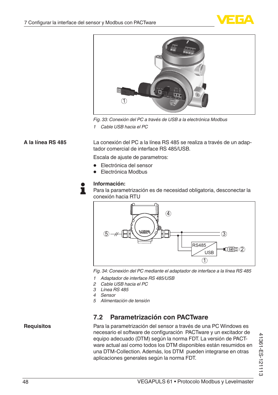 2 parametrización con pactware | VEGA VEGAPULS 61 (≥ 2.0.0 - ≥ 4.0.0) Modbus and Levelmaster protocol User Manual | Page 48 / 92