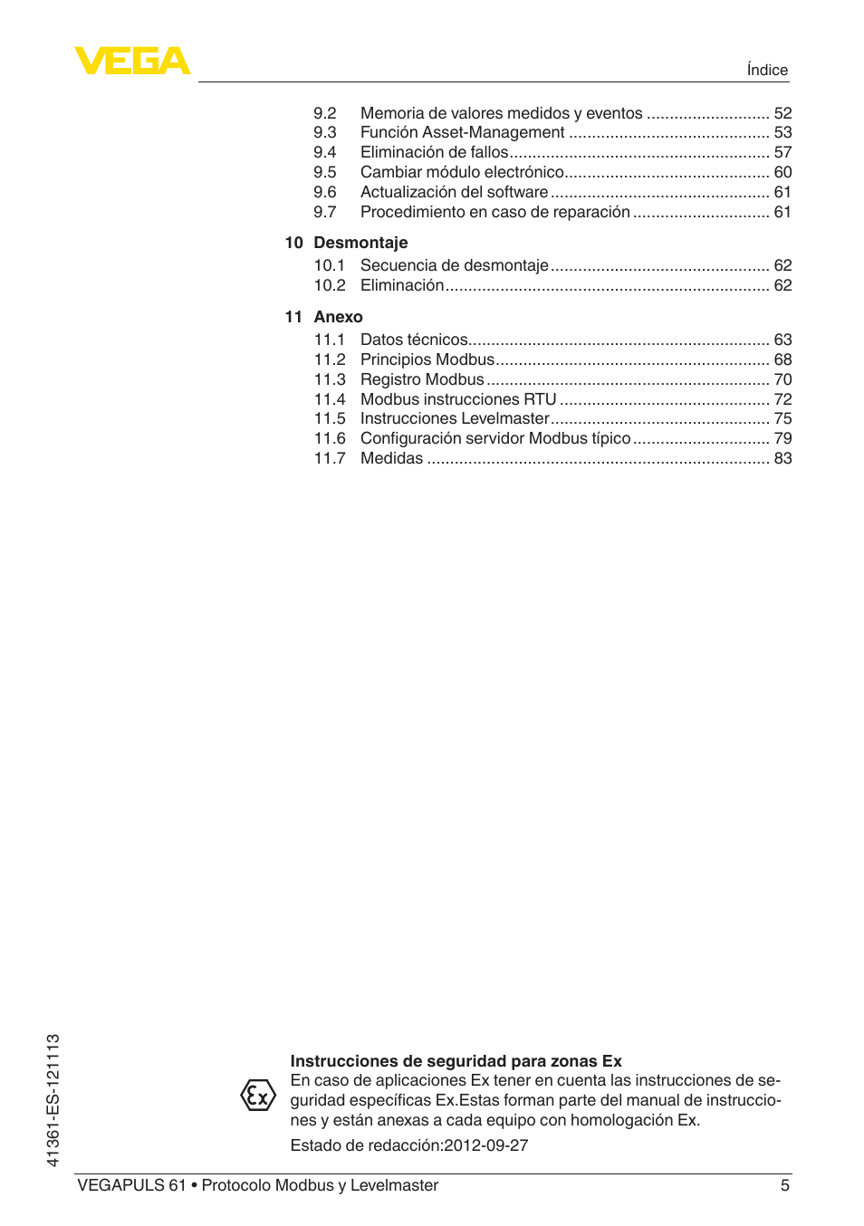 VEGA VEGAPULS 61 (≥ 2.0.0 - ≥ 4.0.0) Modbus and Levelmaster protocol User Manual | Page 5 / 92