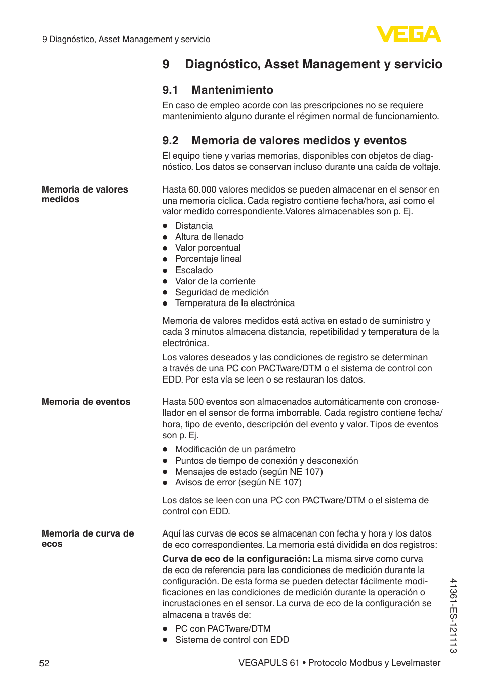 1 mantenimiento, 2 memoria de valores medidos y eventos, 9 diagnóstico, asset management y servicio | VEGA VEGAPULS 61 (≥ 2.0.0 - ≥ 4.0.0) Modbus and Levelmaster protocol User Manual | Page 52 / 92