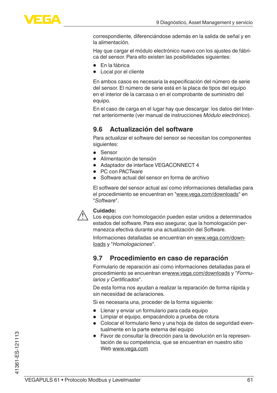VEGA VEGAPULS 61 (≥ 2.0.0 - ≥ 4.0.0) Modbus and Levelmaster protocol User Manual | Page 61 / 92