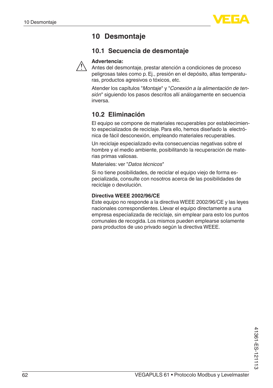 10 desmontaje, 1 secuencia de desmontaje, 2 eliminación | VEGA VEGAPULS 61 (≥ 2.0.0 - ≥ 4.0.0) Modbus and Levelmaster protocol User Manual | Page 62 / 92
