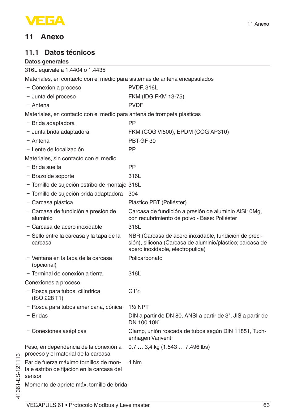 11 anexo, 1 datos técnicos | VEGA VEGAPULS 61 (≥ 2.0.0 - ≥ 4.0.0) Modbus and Levelmaster protocol User Manual | Page 63 / 92