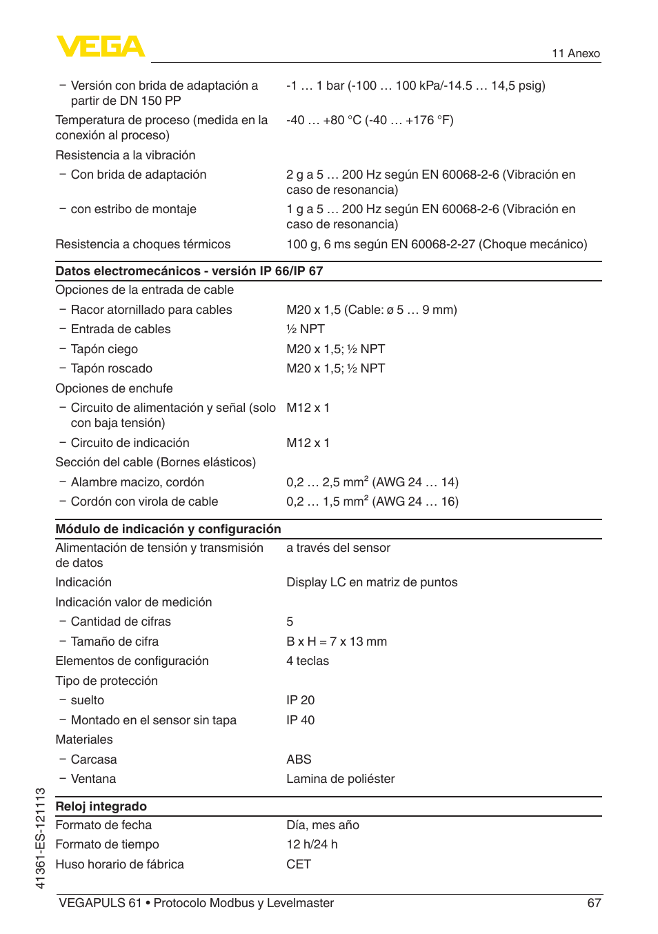 VEGA VEGAPULS 61 (≥ 2.0.0 - ≥ 4.0.0) Modbus and Levelmaster protocol User Manual | Page 67 / 92