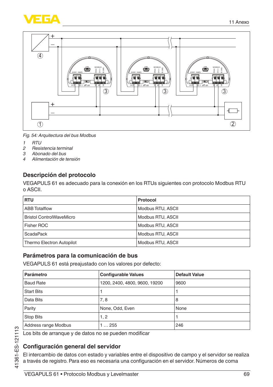 Descripción del protocolo, Parámetros para la comunicación de bus, Configuración general del servidor | 11 anexo | VEGA VEGAPULS 61 (≥ 2.0.0 - ≥ 4.0.0) Modbus and Levelmaster protocol User Manual | Page 69 / 92