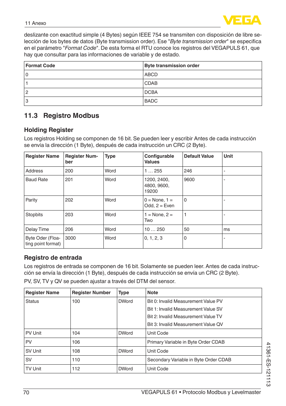 3 registro modbus, Holding register, Registro de entrada | VEGA VEGAPULS 61 (≥ 2.0.0 - ≥ 4.0.0) Modbus and Levelmaster protocol User Manual | Page 70 / 92