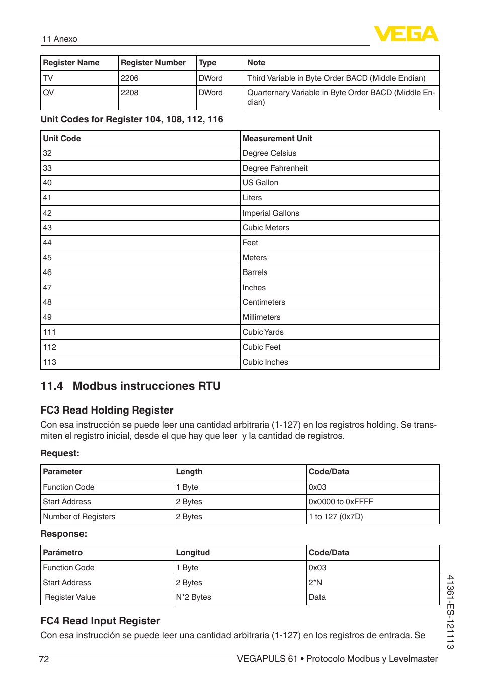 4 modbus instrucciones rtu, Fc3 read holding register, Fc4 read input register | VEGA VEGAPULS 61 (≥ 2.0.0 - ≥ 4.0.0) Modbus and Levelmaster protocol User Manual | Page 72 / 92