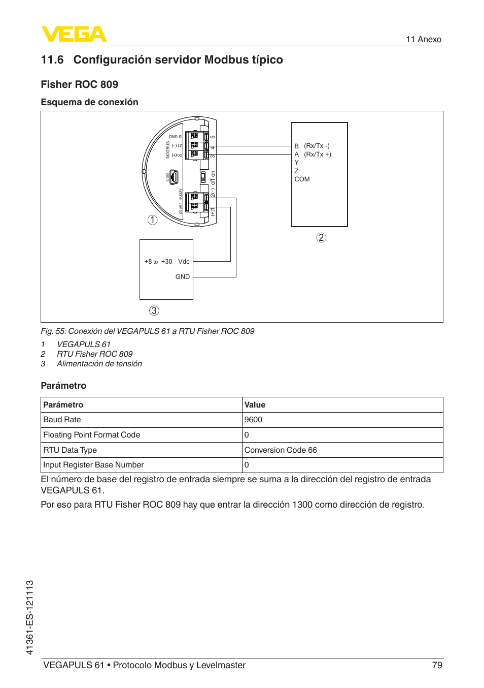 6 configuración servidor modbus típico, Fisher roc 809, Esquema de conexión | Parámetro, 11 anexo | VEGA VEGAPULS 61 (≥ 2.0.0 - ≥ 4.0.0) Modbus and Levelmaster protocol User Manual | Page 79 / 92