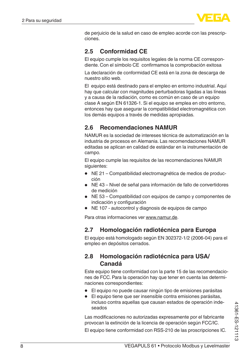 5 conformidad ce, 6 recomendaciones namur | VEGA VEGAPULS 61 (≥ 2.0.0 - ≥ 4.0.0) Modbus and Levelmaster protocol User Manual | Page 8 / 92