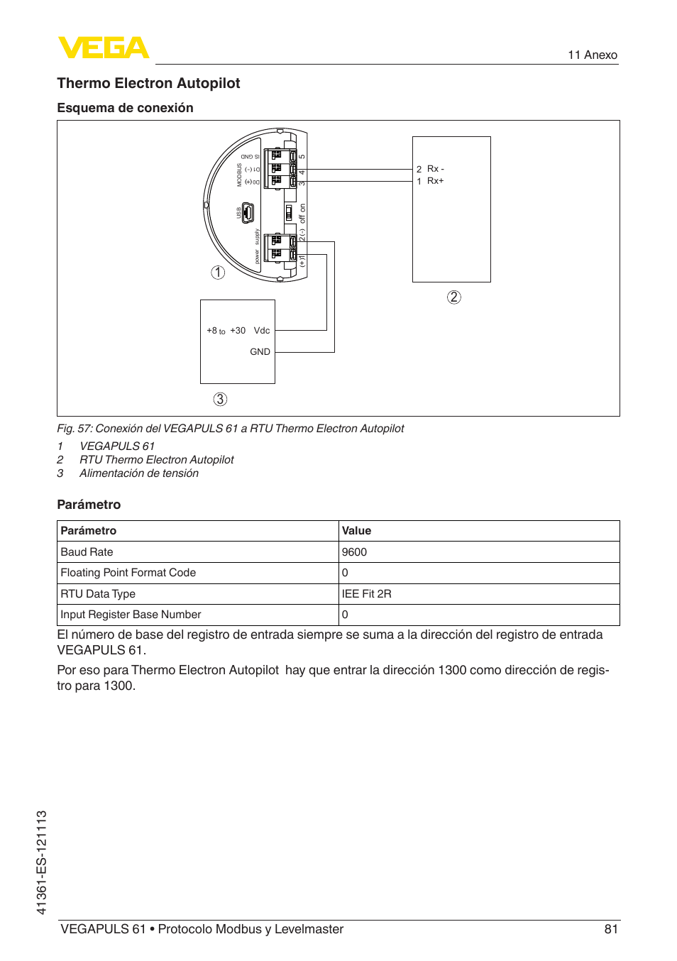 Thermo electron autopilot, Esquema de conexión, Parámetro | 11 anexo | VEGA VEGAPULS 61 (≥ 2.0.0 - ≥ 4.0.0) Modbus and Levelmaster protocol User Manual | Page 81 / 92