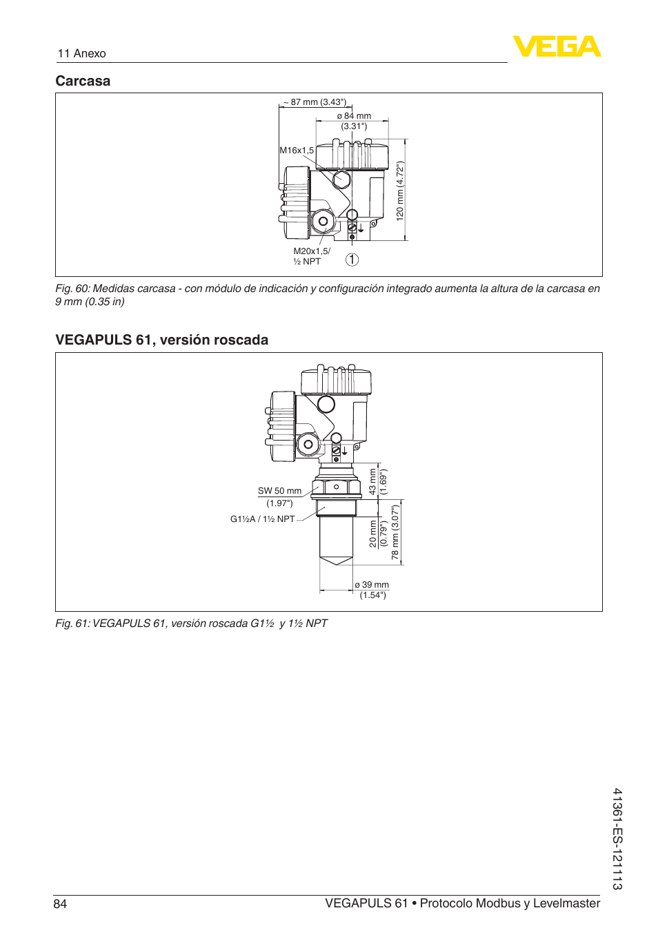 Carcasa, Vegapuls 61, versión roscada | VEGA VEGAPULS 61 (≥ 2.0.0 - ≥ 4.0.0) Modbus and Levelmaster protocol User Manual | Page 84 / 92