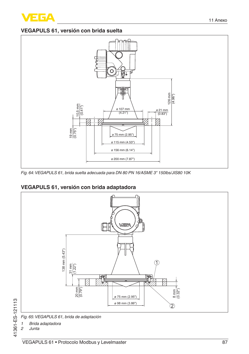 Vegapuls 61, versión con brida suelta, Vegapuls 61, versión con brida adaptadora | VEGA VEGAPULS 61 (≥ 2.0.0 - ≥ 4.0.0) Modbus and Levelmaster protocol User Manual | Page 87 / 92