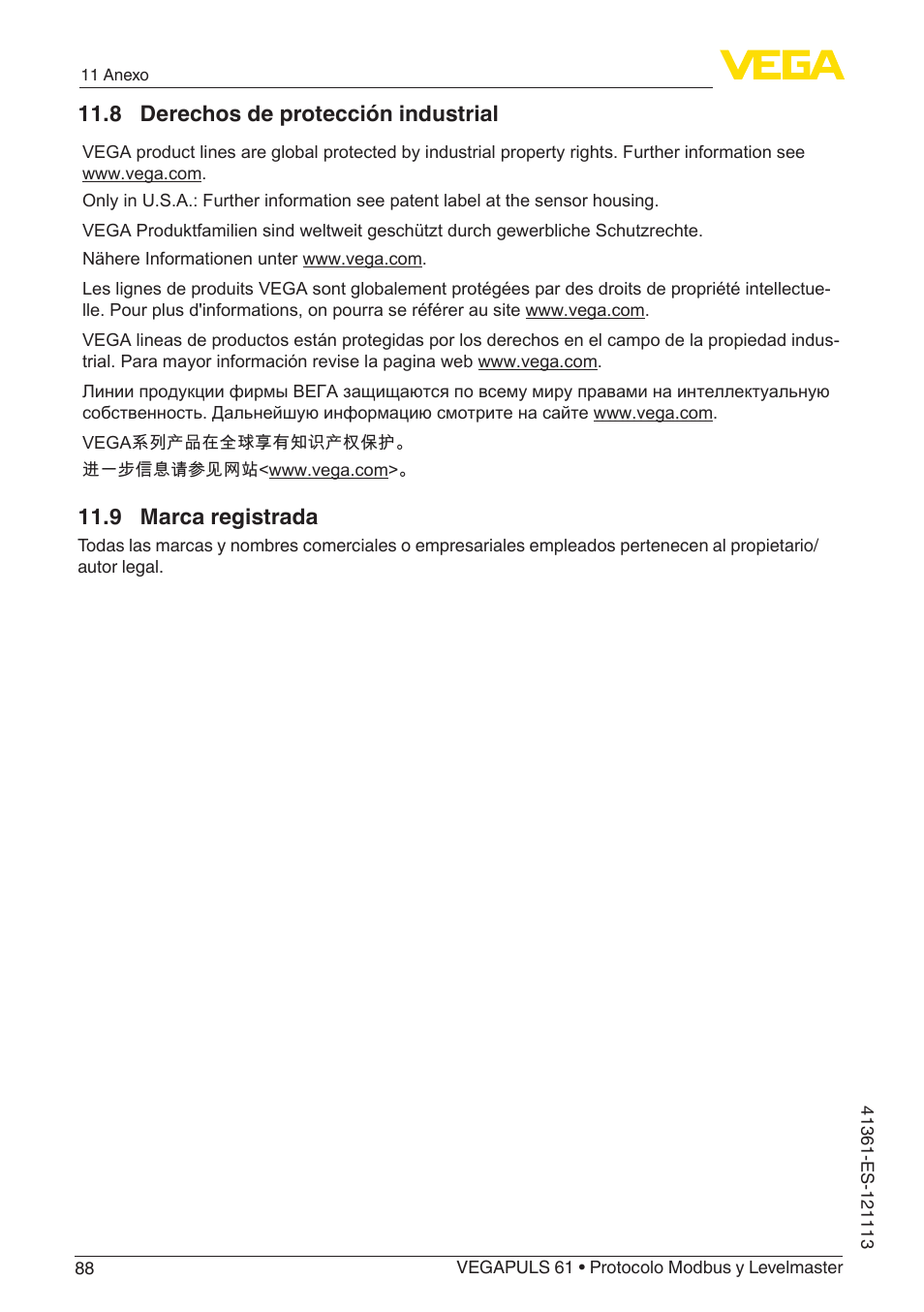 9 marca registrada, 8 derechos de protección industrial | VEGA VEGAPULS 61 (≥ 2.0.0 - ≥ 4.0.0) Modbus and Levelmaster protocol User Manual | Page 88 / 92