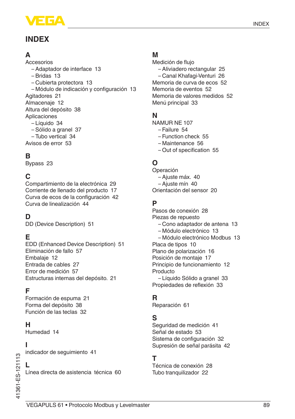 Index | VEGA VEGAPULS 61 (≥ 2.0.0 - ≥ 4.0.0) Modbus and Levelmaster protocol User Manual | Page 89 / 92