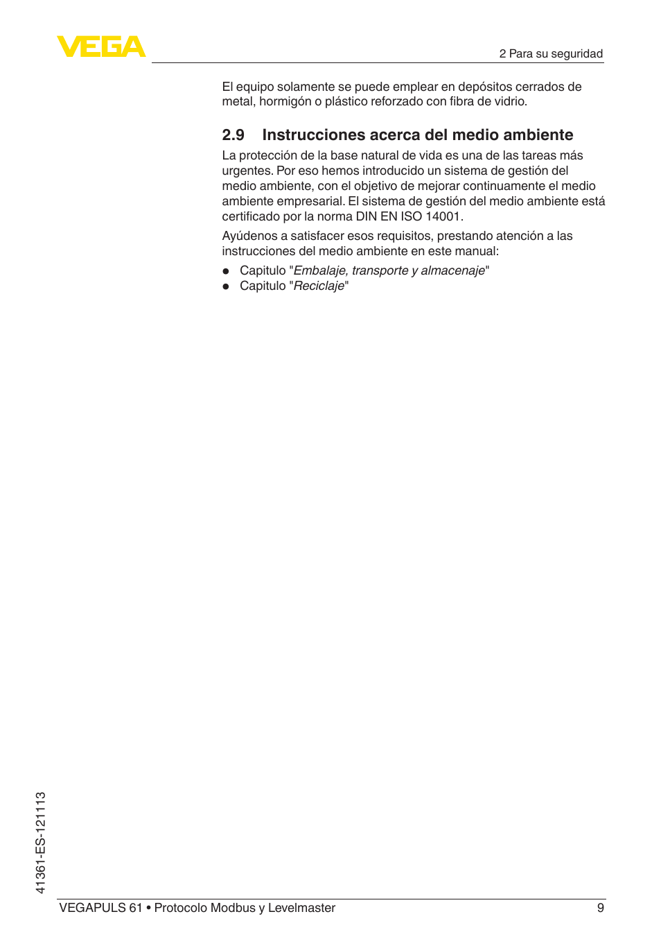 9 instrucciones acerca del medio ambiente | VEGA VEGAPULS 61 (≥ 2.0.0 - ≥ 4.0.0) Modbus and Levelmaster protocol User Manual | Page 9 / 92