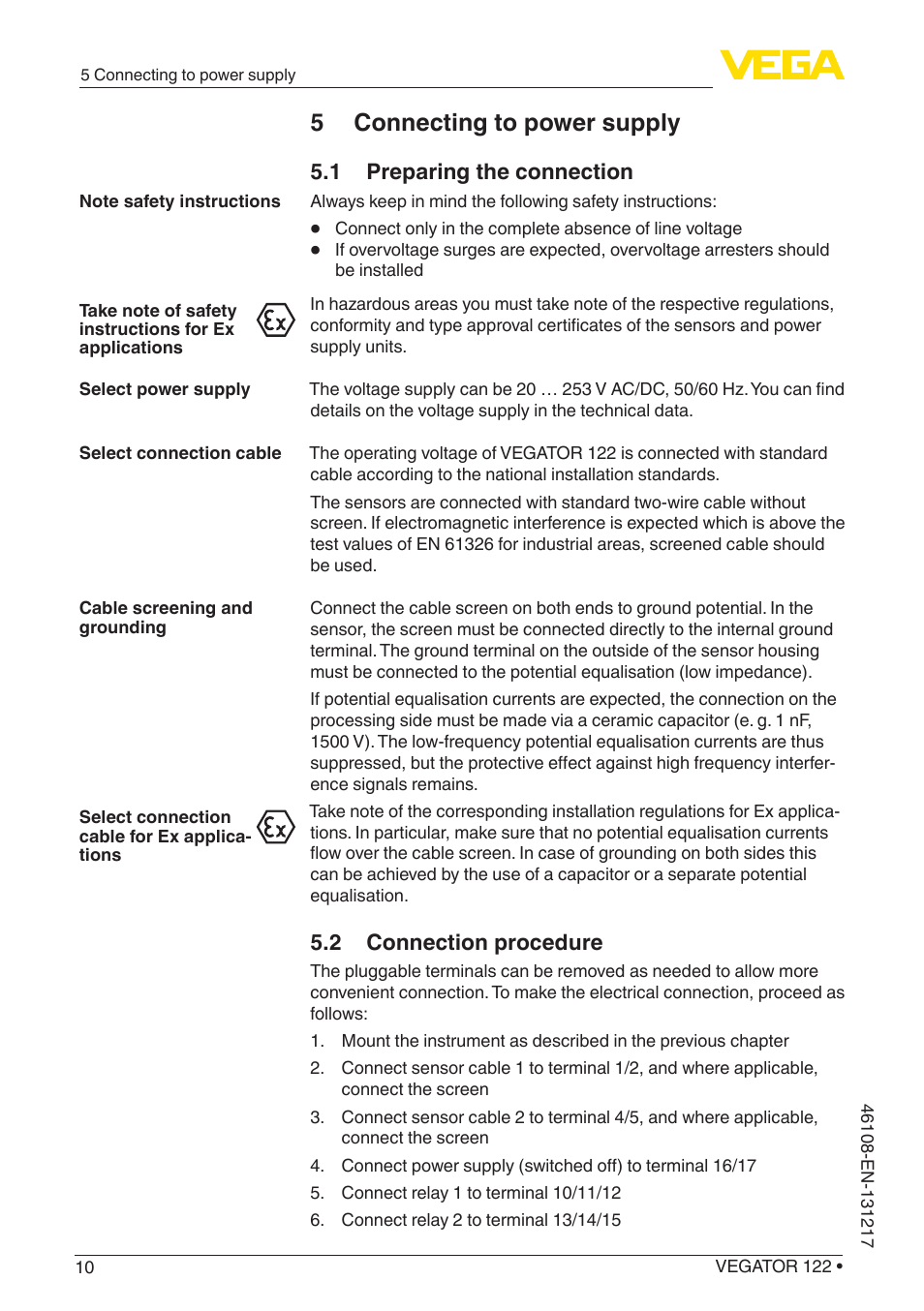 5 connecting to power supply, 1 preparing the connection, 2 connection procedure | VEGA VEGATOR 122 User Manual | Page 10 / 28