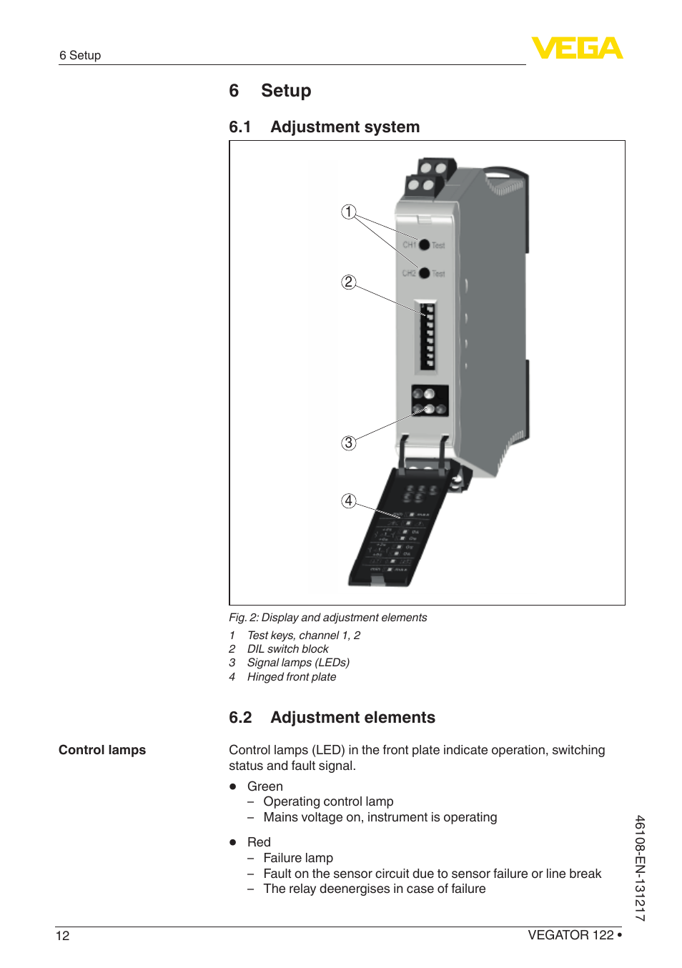 6 setup, 1 adjustment system, 2 adjustment elements | VEGA VEGATOR 122 User Manual | Page 12 / 28