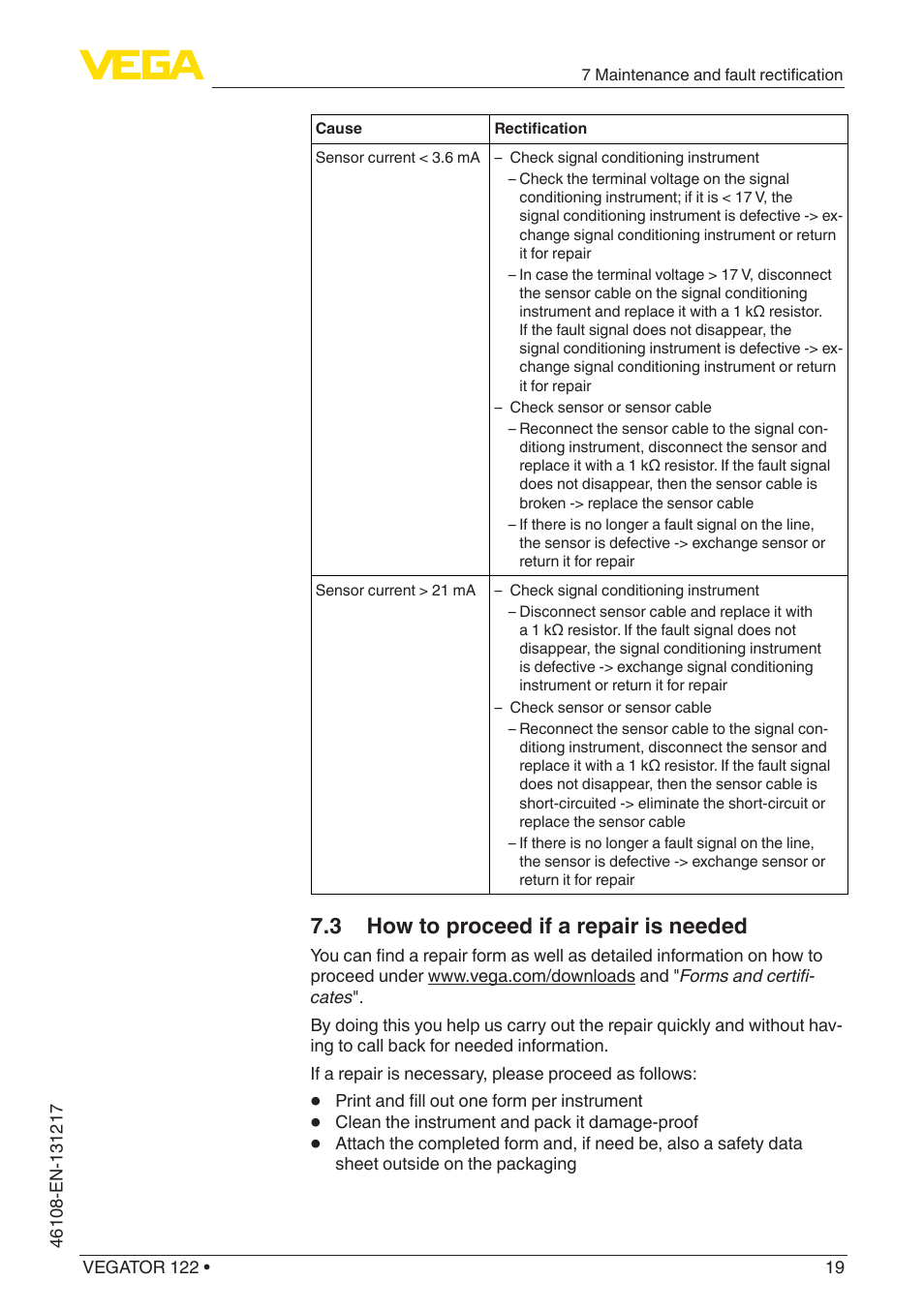 3 how to proceed if a repair is needed | VEGA VEGATOR 122 User Manual | Page 19 / 28