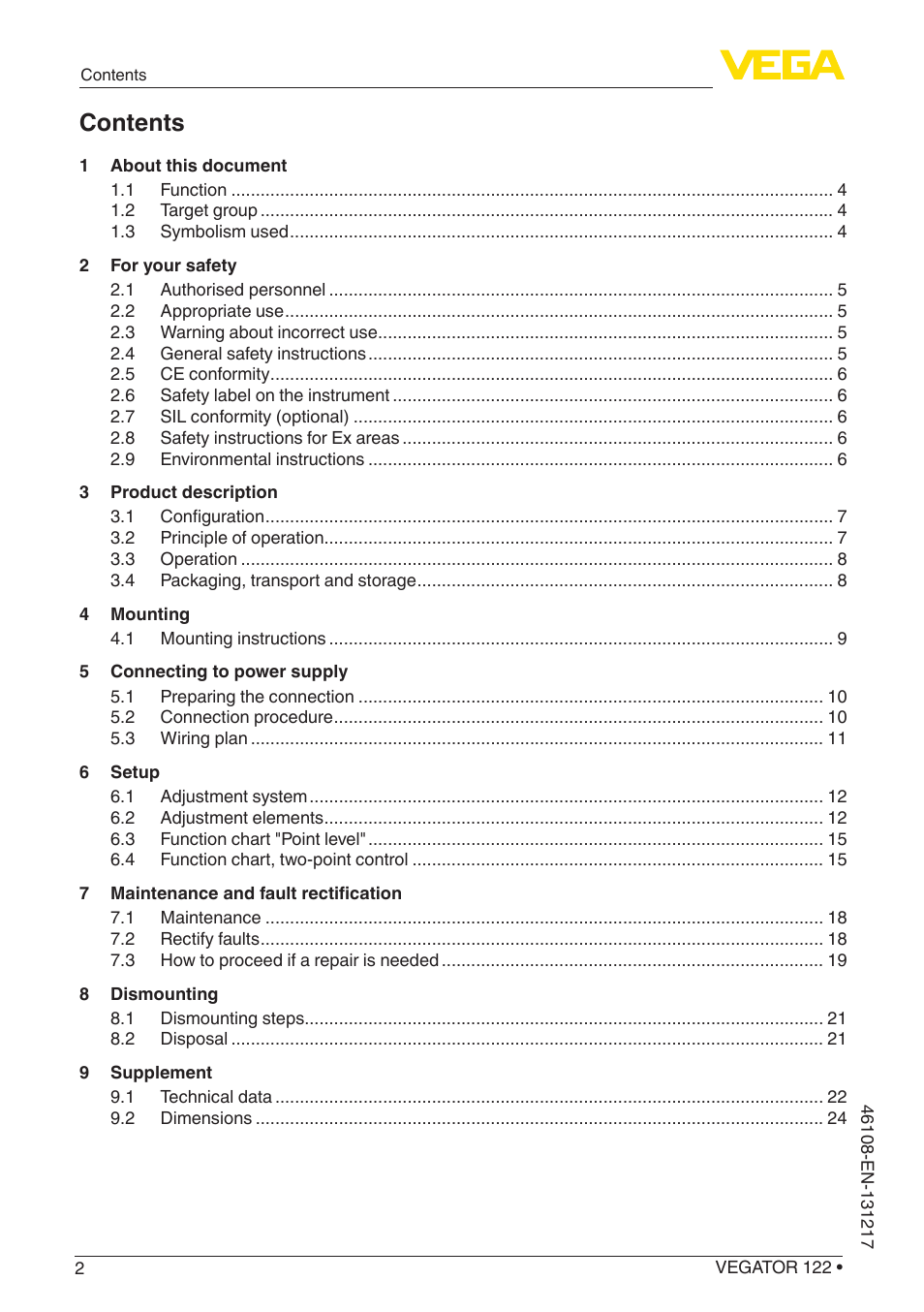 VEGA VEGATOR 122 User Manual | Page 2 / 28