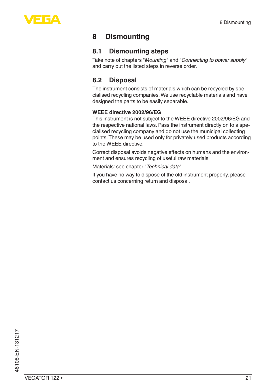 8 dismounting, 1 dismounting steps, 2 disposal | VEGA VEGATOR 122 User Manual | Page 21 / 28