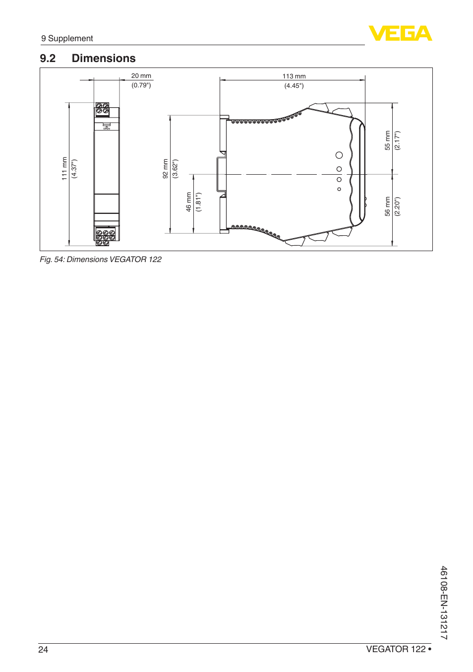 2 dimensions | VEGA VEGATOR 122 User Manual | Page 24 / 28