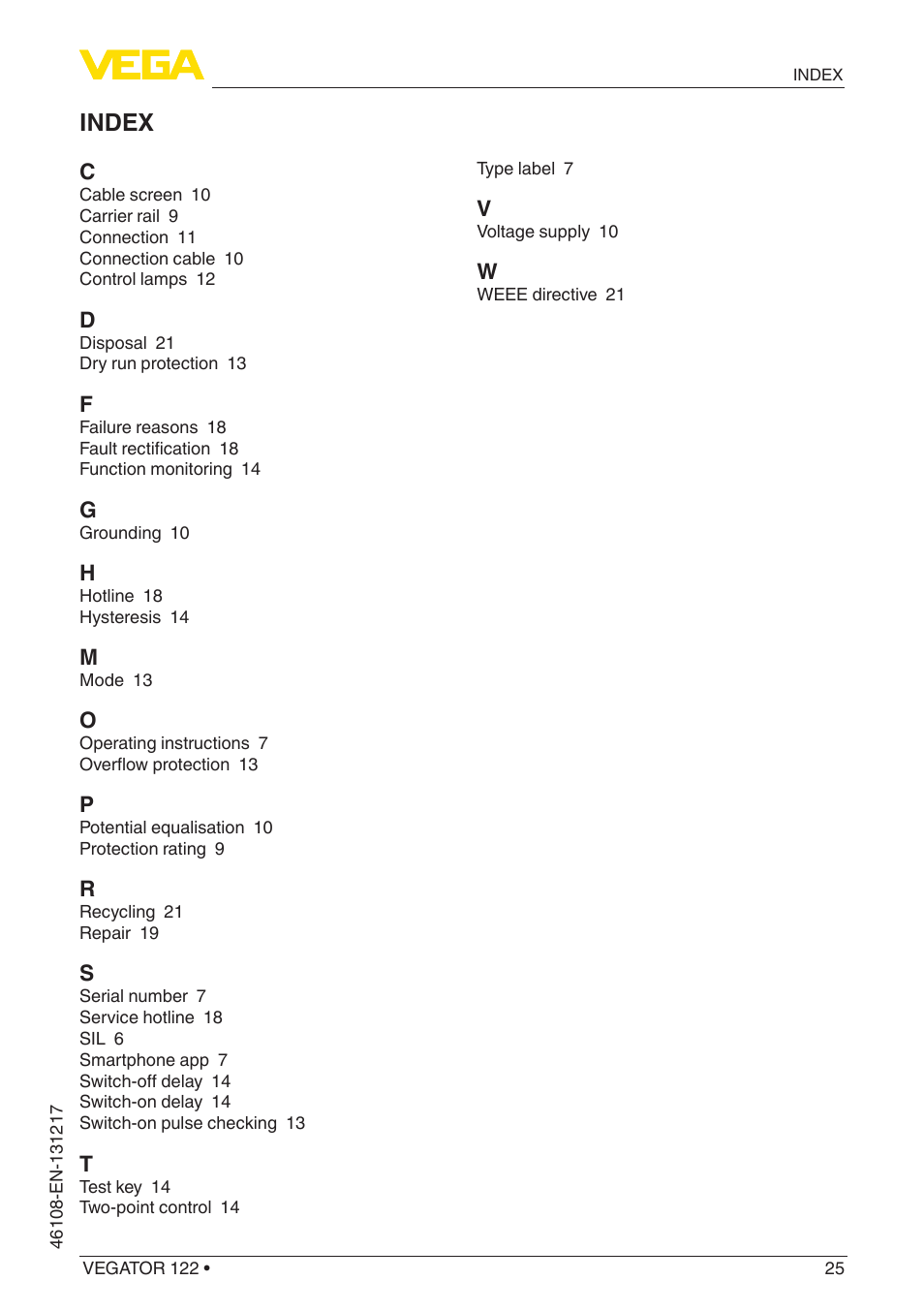 Index | VEGA VEGATOR 122 User Manual | Page 25 / 28