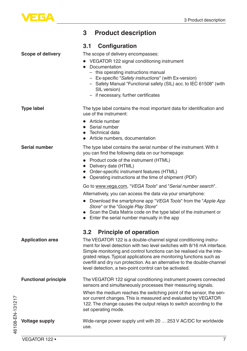 3 product description, 1 configuration, 2 principle of operation | VEGA VEGATOR 122 User Manual | Page 7 / 28