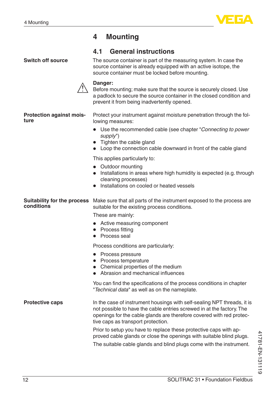 4 mounting, 1 general instructions | VEGA SOLITRAC 31 Foundation Fieldbus User Manual | Page 12 / 80